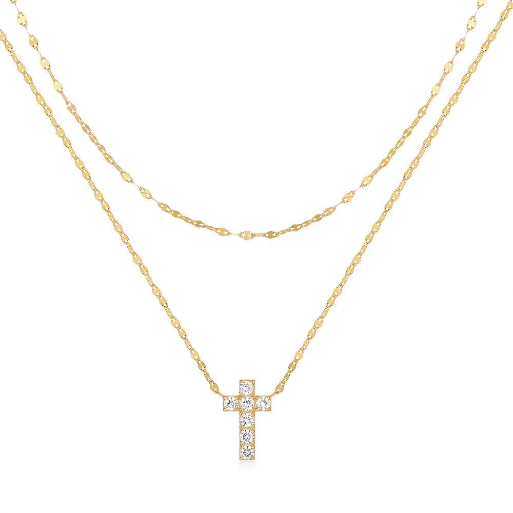 S925 sterling silver double layer twin diamond cross pendant necklace with clavicle chain.