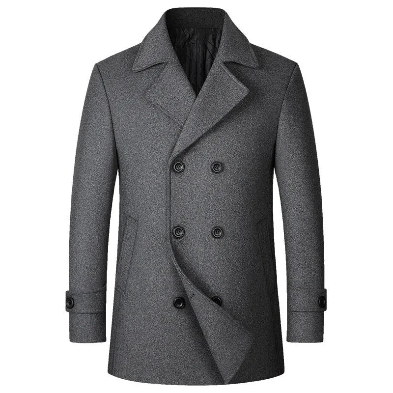 Men's double-breasted lapel mid-length wool coat in loose fit, available in black colour, European sizes S to XXL
