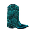 Women's black chunky heel tassel boots with pointed toe and high stiletto, shown on a model.
