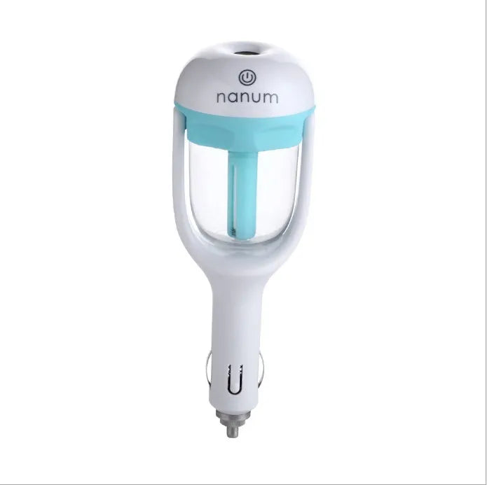 Blue portable car humidifier with essential oil diffuser function on car dashboard