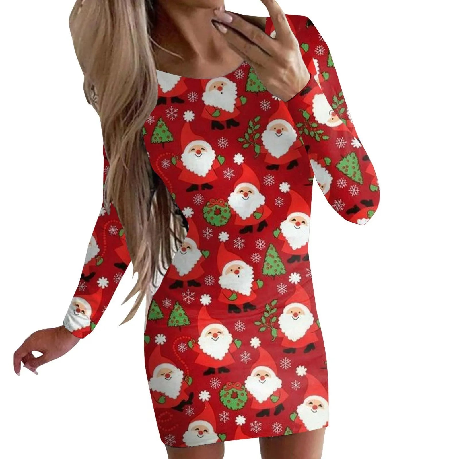 Christmas printed dress with animal pattern design showing narrow fit and hip skirt styling