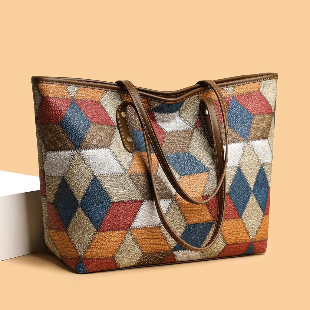 Women's large capacity PVC handbag in blue brown colour with outer sandwich pocket organisation