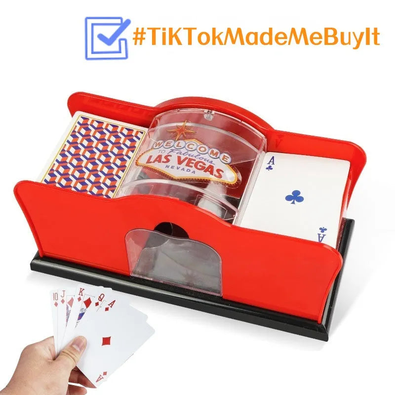 Manual card shuffler with black ABS plastic body and hand crank for poker and blackjack games