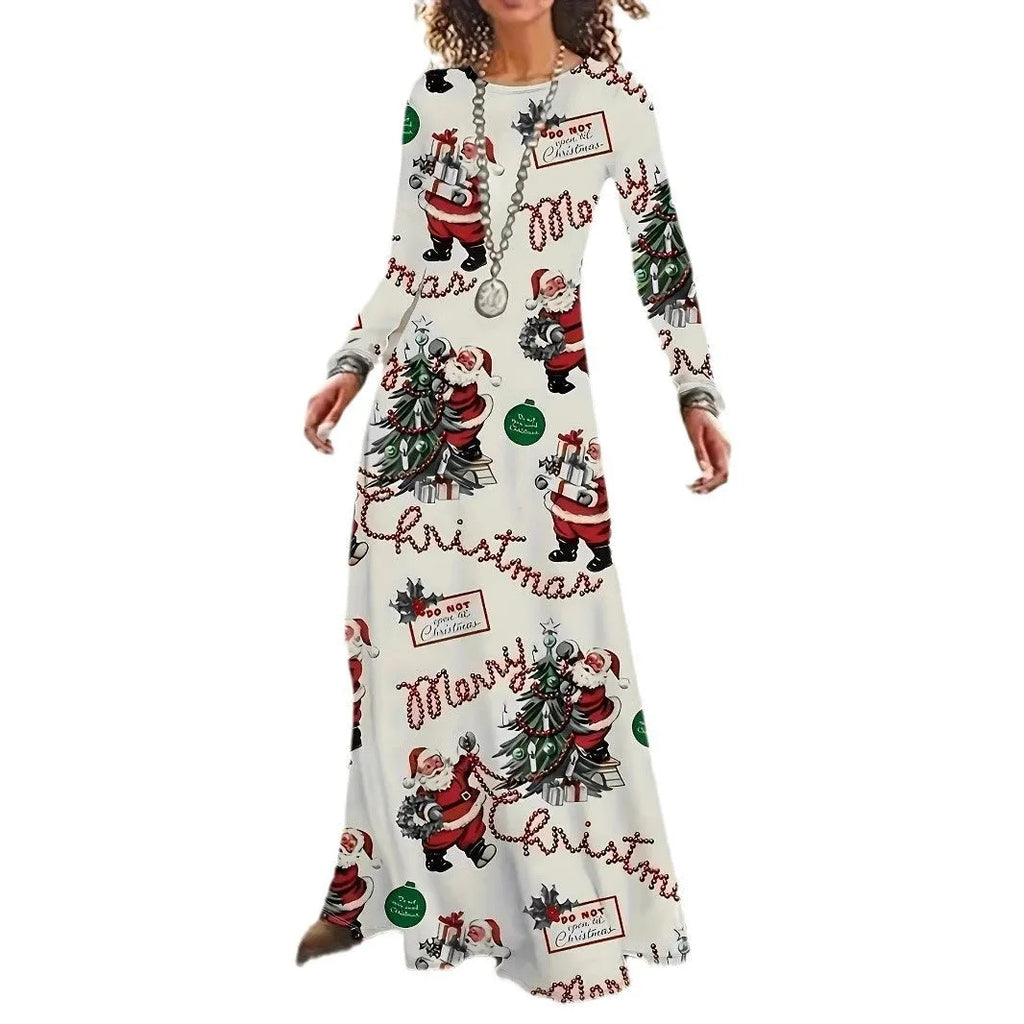Santa Claus printed long sleeve polyester dress with leather stitching, black colour, front view