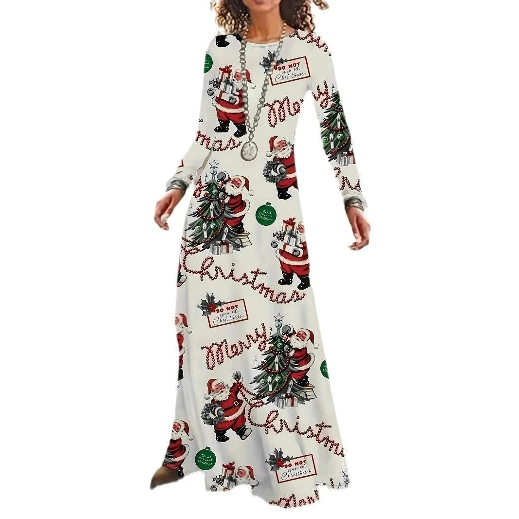 Santa Claus printed long sleeve polyester dress with leather stitching, black colour, front view