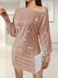 Sequin long sleeve midi dress with one shoulder and asymmetric hem in solid colour