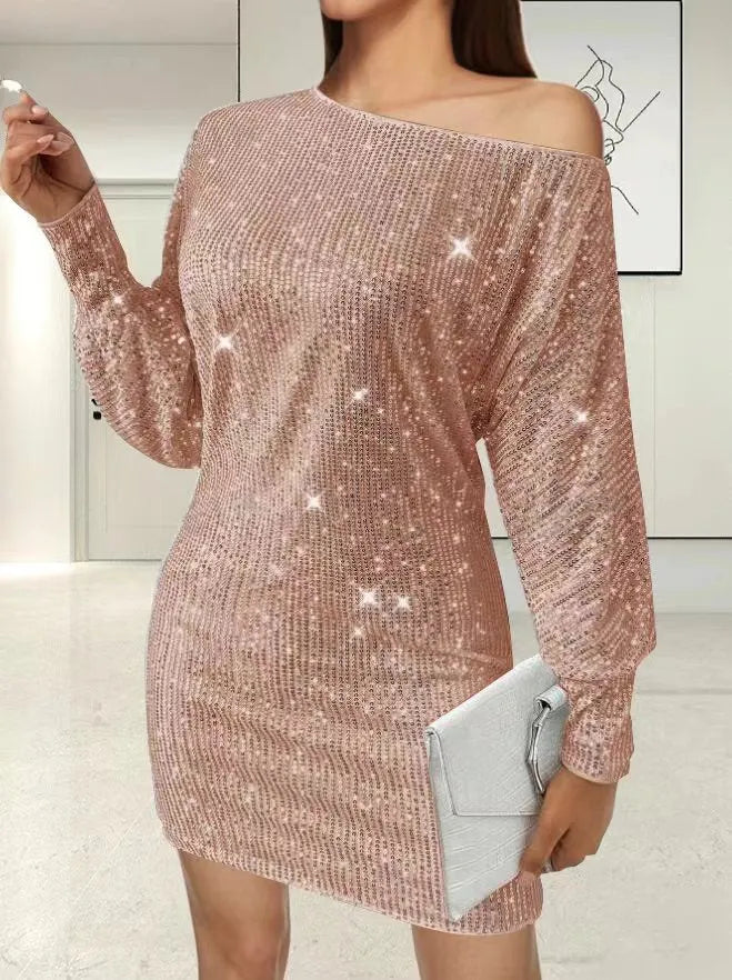 Sequin long sleeve midi dress with one shoulder and asymmetric hem in solid colour