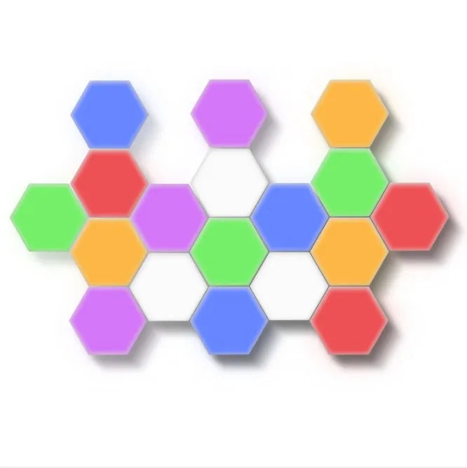 Modular hexagonal honeycomb wall lamps assembled in a pattern, showing touch control and modern minimalist design.