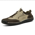 Handmade stitching casual leather shoes for men, low heel PU upper, round toe, lace-up, beige colour