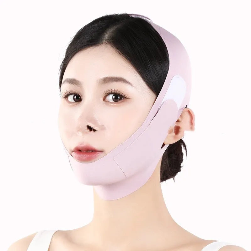 Purple and green V face shaping mask made from light breathable fabric for daily support.