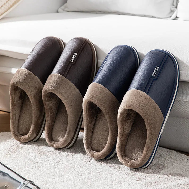 Men's winter slippers with artificial PU upper, rubber sole, 3cm heel, brown or dark blue, sizes 40-50