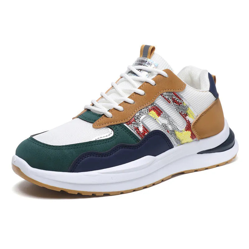 Men's mesh breathable sports casual shoes in white green, black, and gray colours with leather toe holder