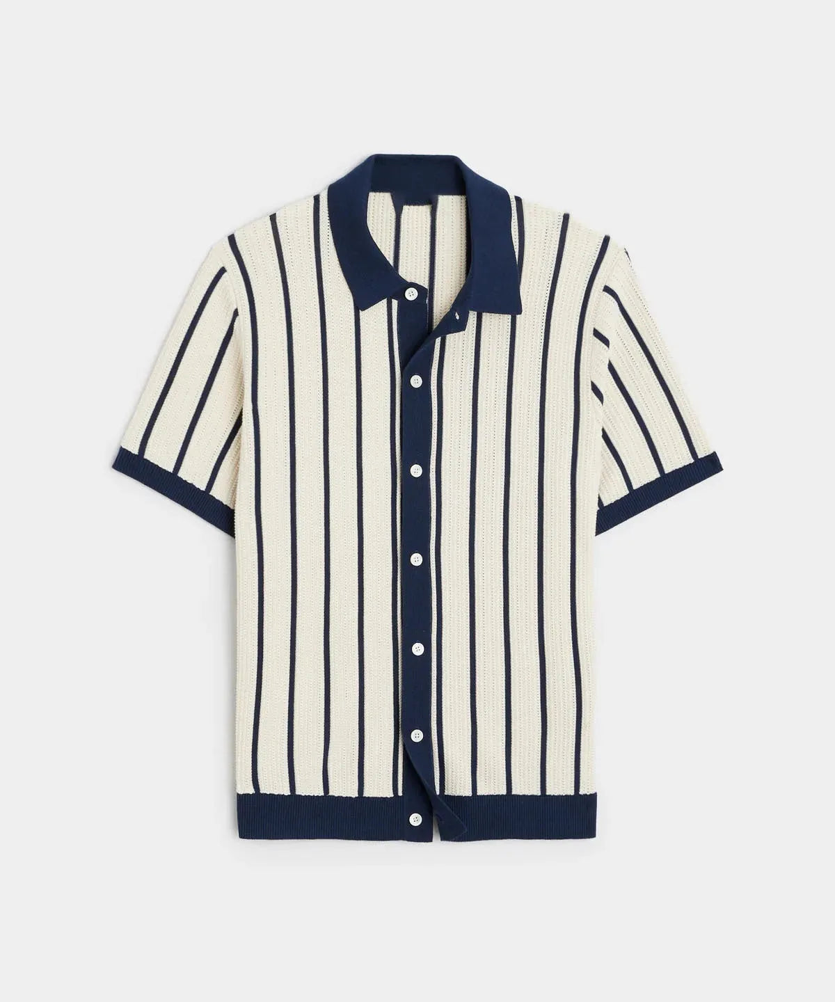 Men's white asymmetrical short sleeve knitted top with a lapel collar, shown on a model.