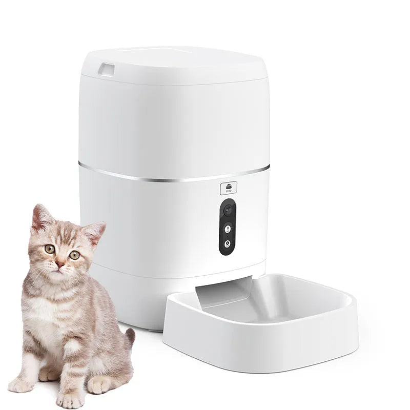 White ABS smart pet automatic feeder and water feeder, voice or video version, 220V US, 207 x 207 x 339 mm