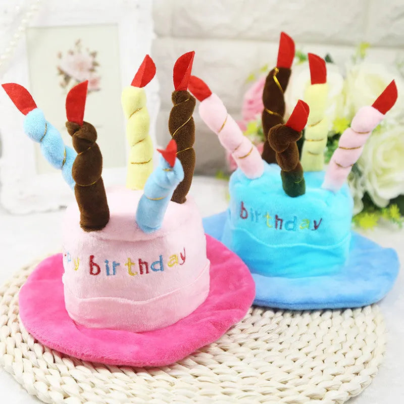 Blue and pink birthday hat for dogs on a white background.