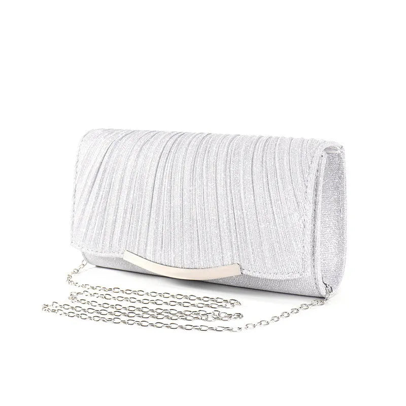 Ladies dinner bag solid colour flap chain crossbody bag in silver and champagne, 23x12x5.5 cm polyester