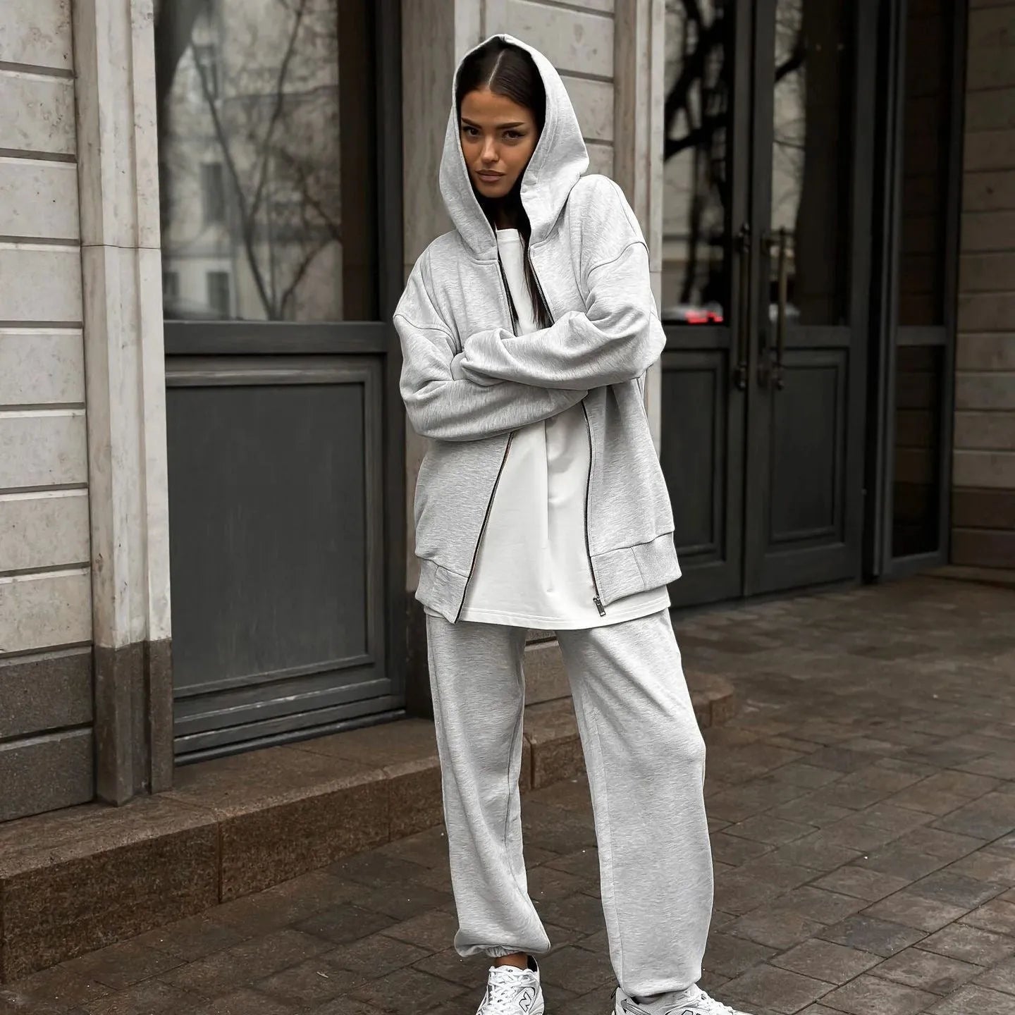 Street style long-sleeved coat and trousers two-piece set in solid colour polyester