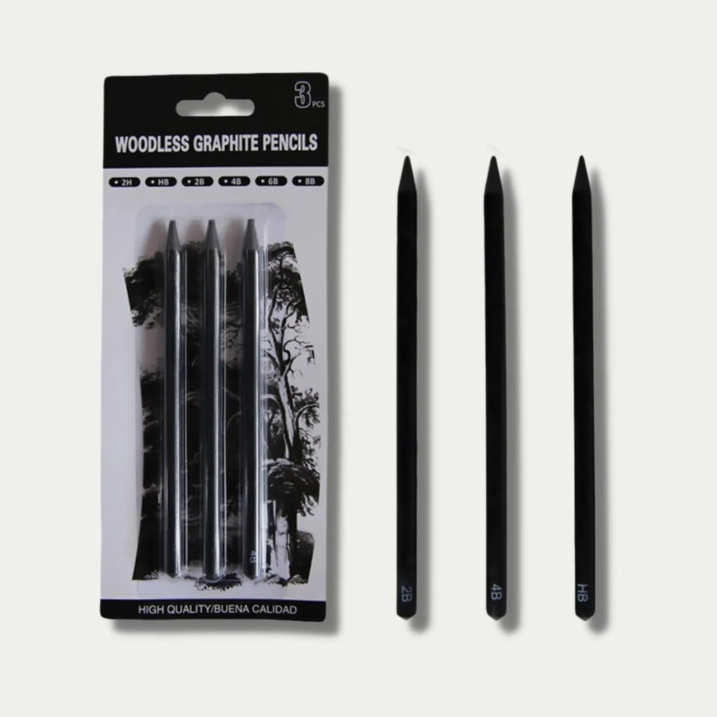 Wood-free graphite sketching pencils set showing six different hardness grades for art drawing