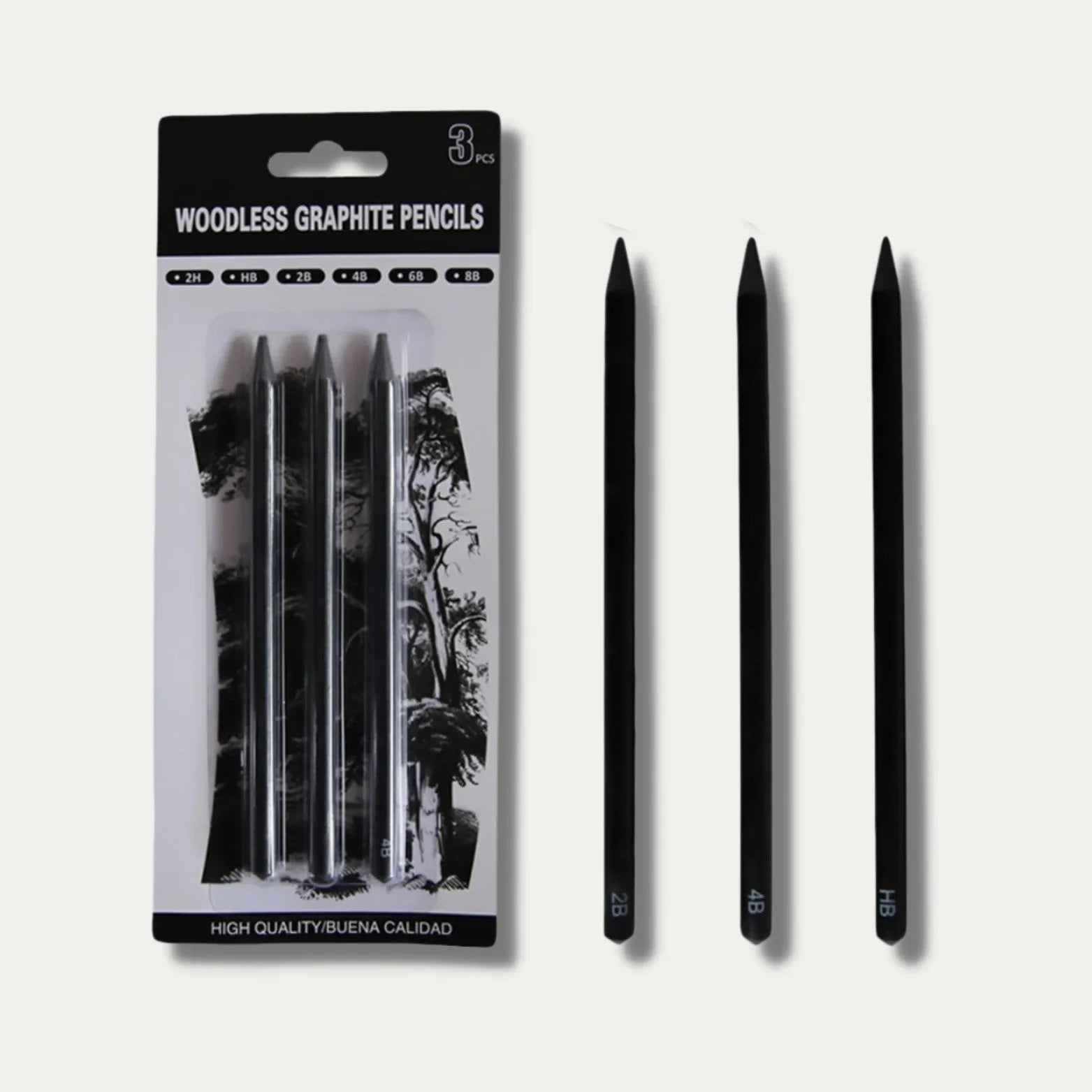 Wood-free graphite sketching pencils set showing six different hardness grades for art drawing