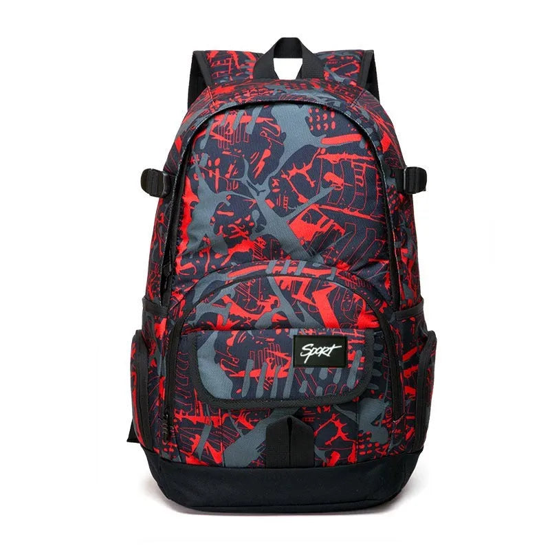 Blue and red classic nylon backpacks showing large capacity design for travel and school use