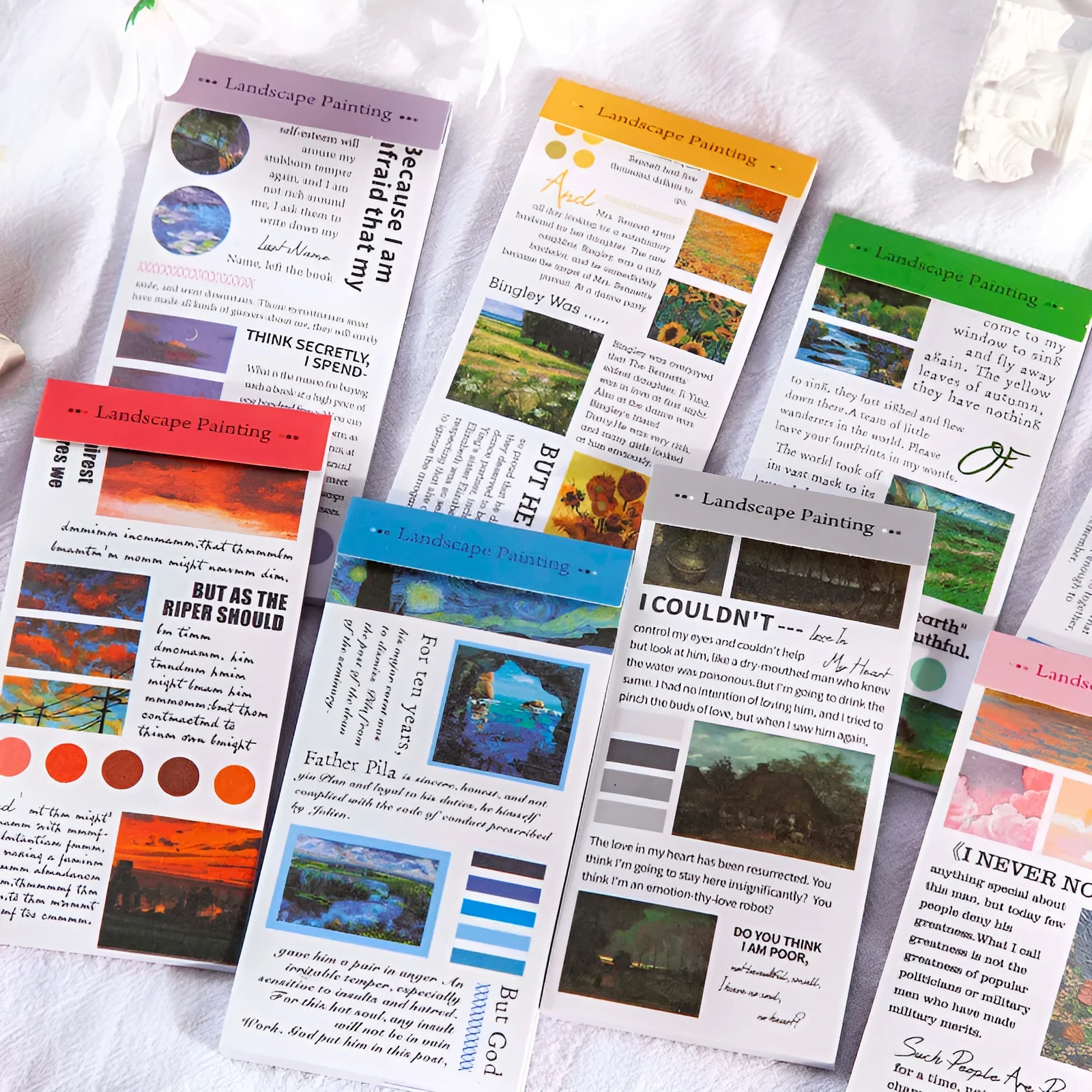 Paper sticker book with twenty landscape painting stickers measuring 60 by 120 millimetres