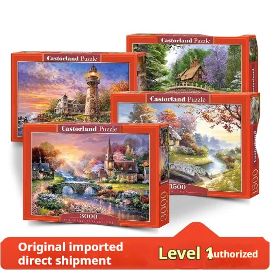 Castorland jigsaw puzzle box with landscape scene of a riverside mill, 500 pieces, made in Europe