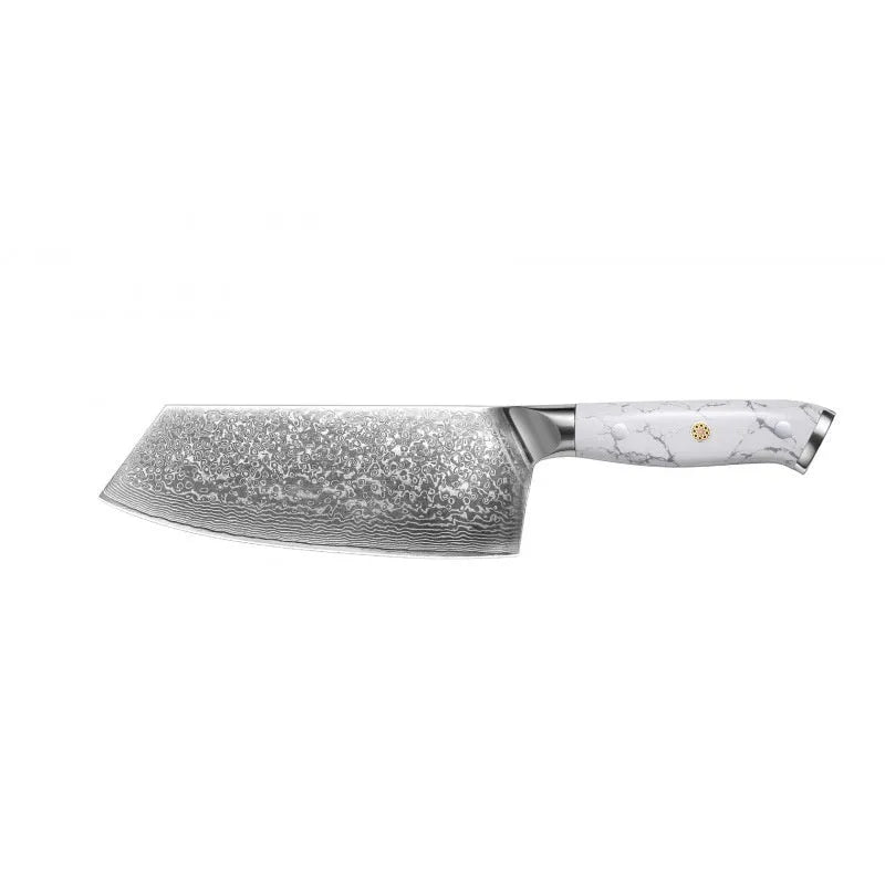Damascus pattern VG10 steel chef knife with 21cm blade on cutting board