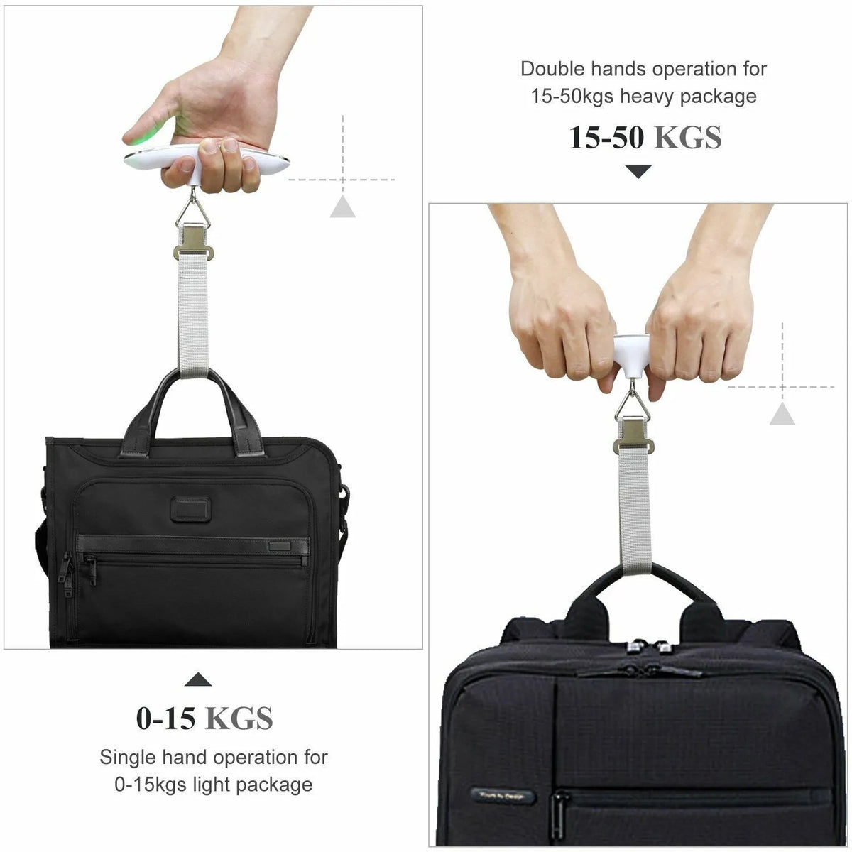 Silver portable LCD digital luggage scale with belt on handle, 50kg capacity