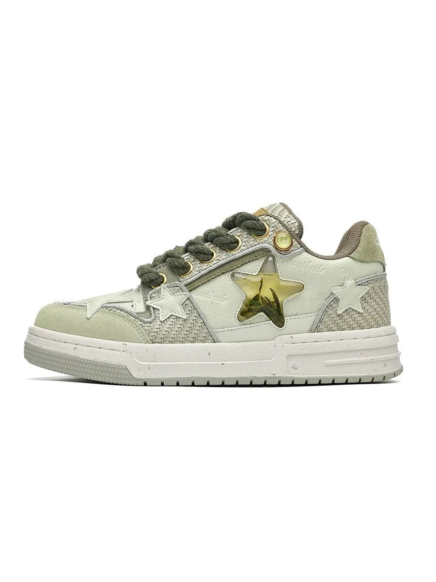 Cowhide leather low-top platform running shoes in 'West Lake Dragon Well Tea' colour with round toe and lace-up front.