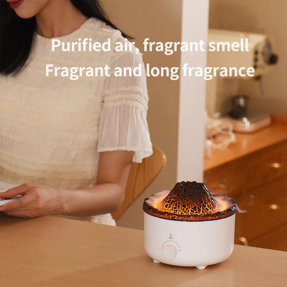 White columnar volcano humidifier with simulated flame lighting effect and remote control