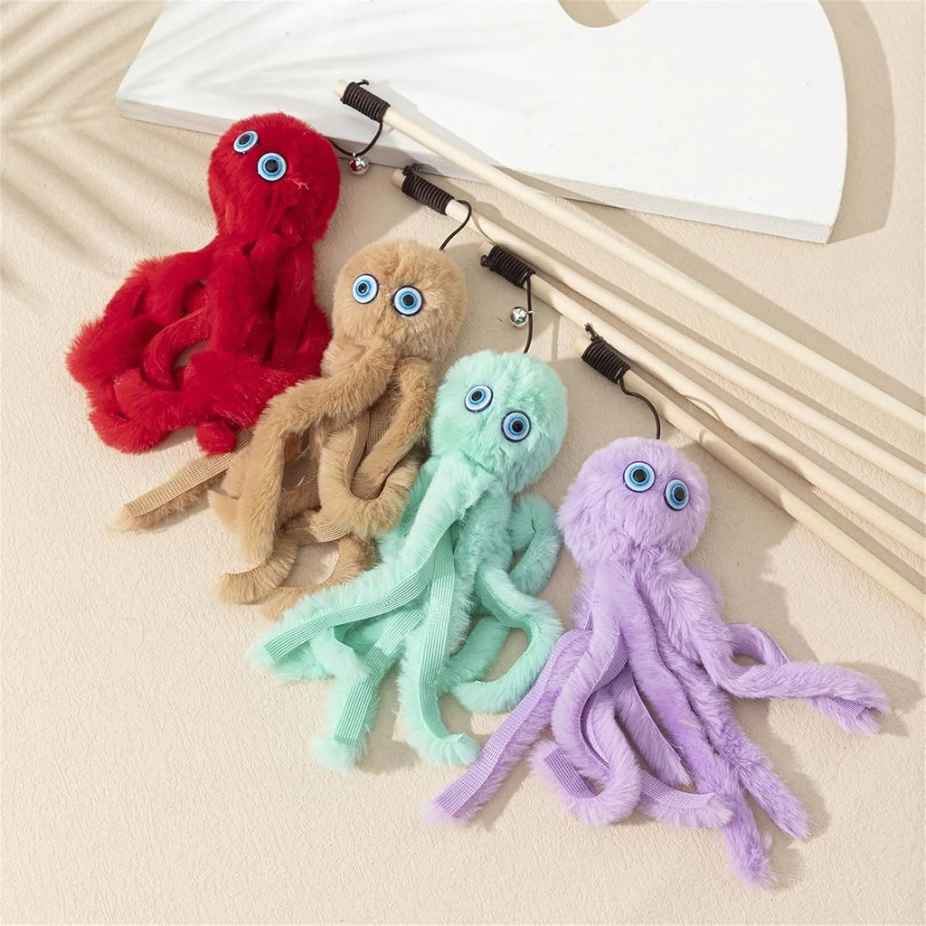 Indoor octopus cat toy with long stick for kittens and adult cats in four colour options