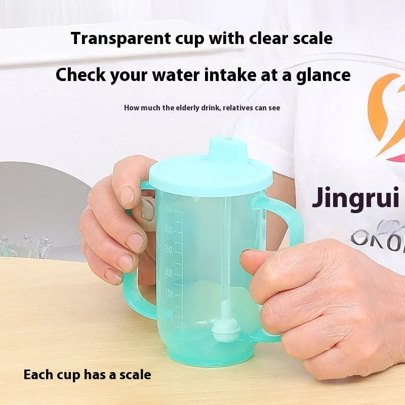 Bedside drinking cup with slanted mouth, handle, and optional wrist splint for adult care