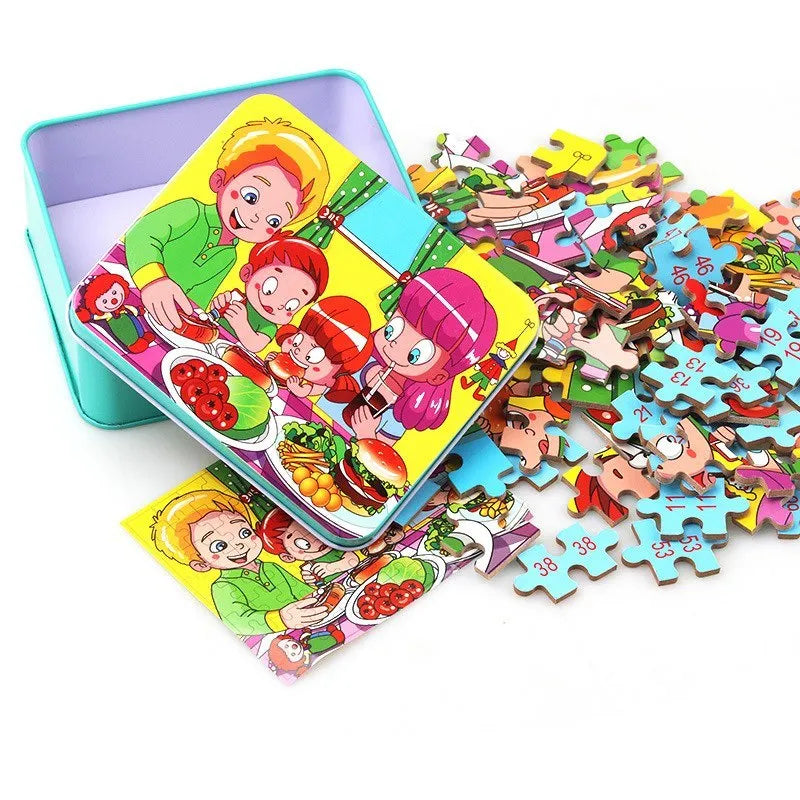 80 piece wooden animal jigsaw puzzle in iron box with non-toxic paint for children aged 3+