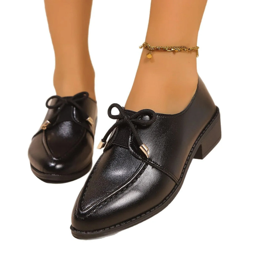 Women's British-style leather flats with bow decoration on pointed toe, showing three bow style options