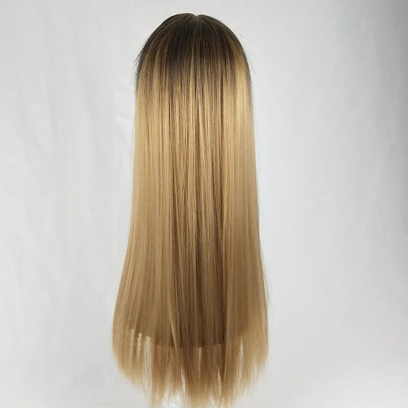 Long straight gradient fake hair wig with air bangs, high temperature silk, Korean style for women, gradient light pink colour