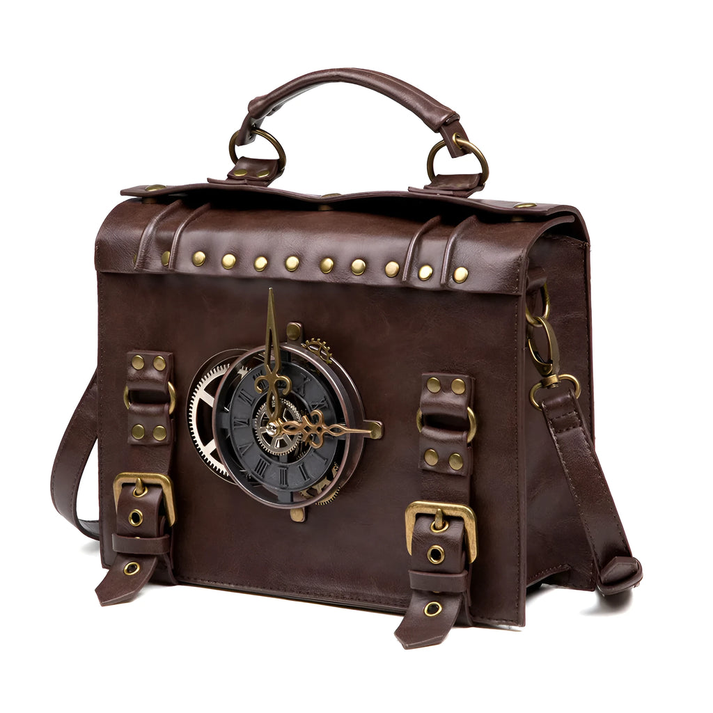 Bronze steampunk industrial retro shoulder bag with metal details and horizontal square pillow shape
