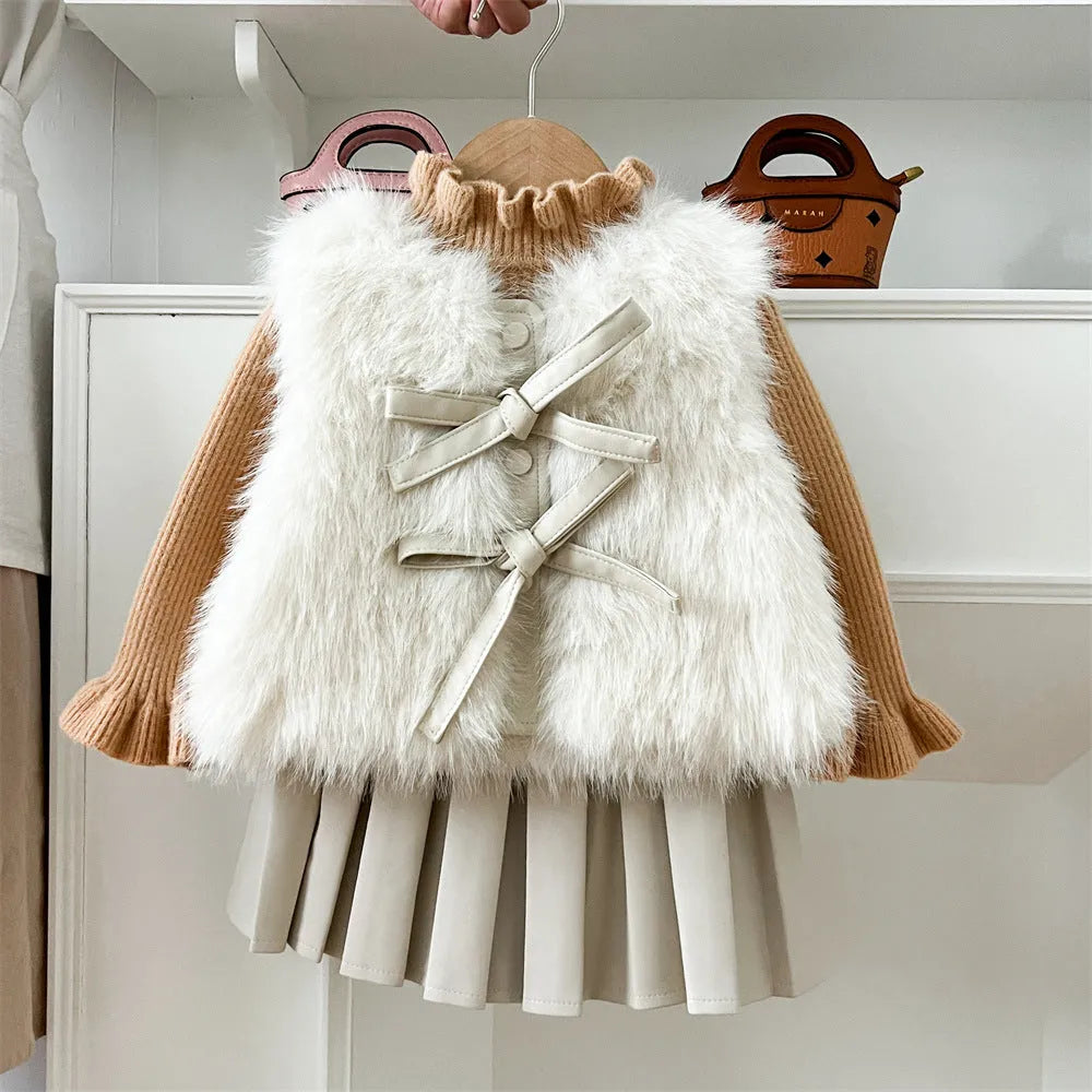 Girls autumn winter fur waistcoat leather skirt suit set in solid colour Korean style for 110cm to 150cm height