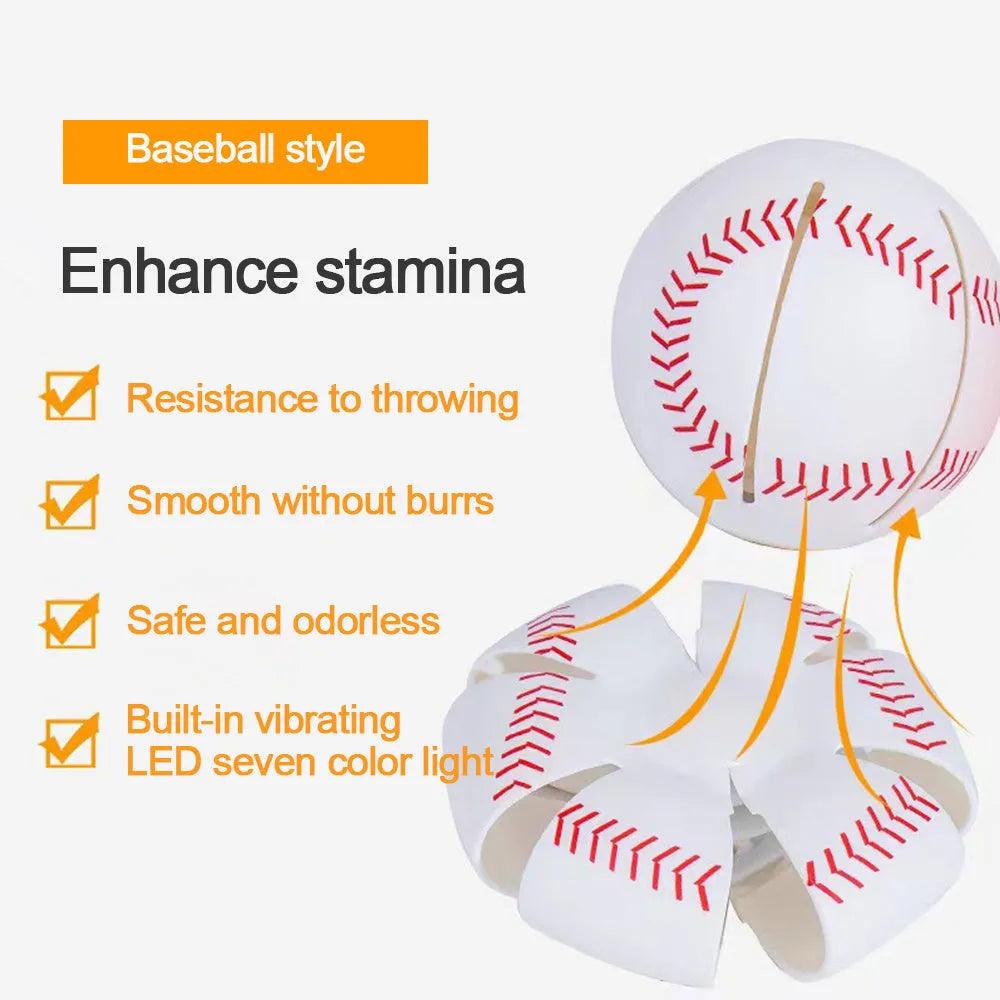 Orange glowing dog ball that transforms into a flying disc, shown on grass for scale.