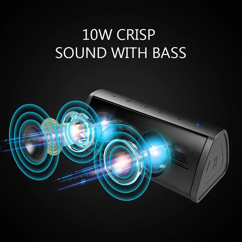 Waterproof outdoor Bluetooth speaker in black, compact size 152x66x64mm, with plastic shell and built-in subwoofer