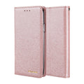 Black PU leather flip case for iPhone shown open, revealing interior card slot and phone cradle.