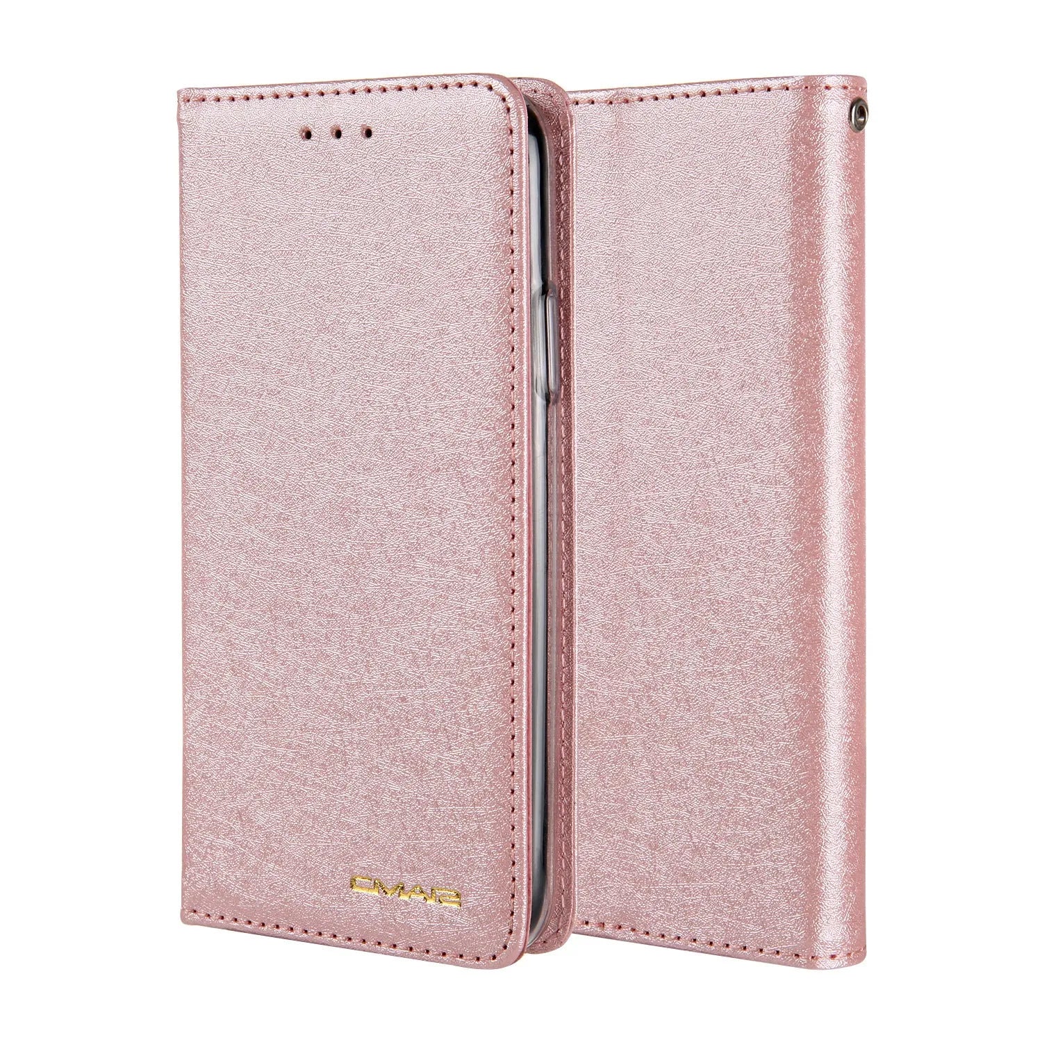 Black PU leather flip case for iPhone shown open, revealing interior card slot and phone cradle.