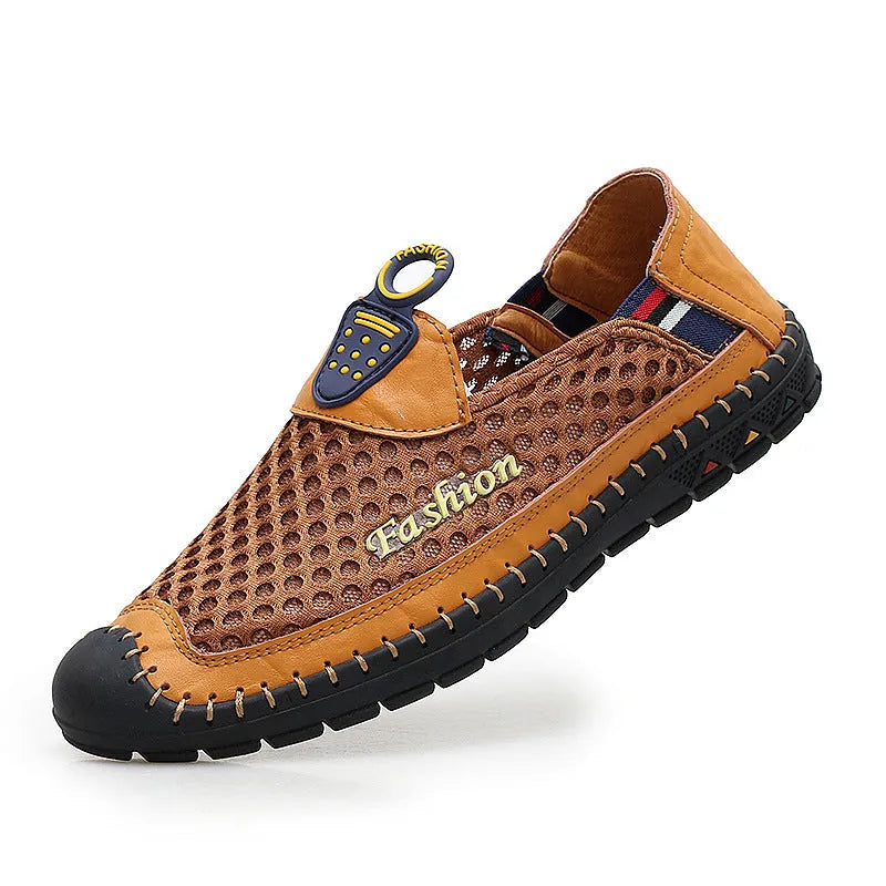Men's brown breathable mesh casual slip-on shoes with a round toe and rubber sole on a white background.