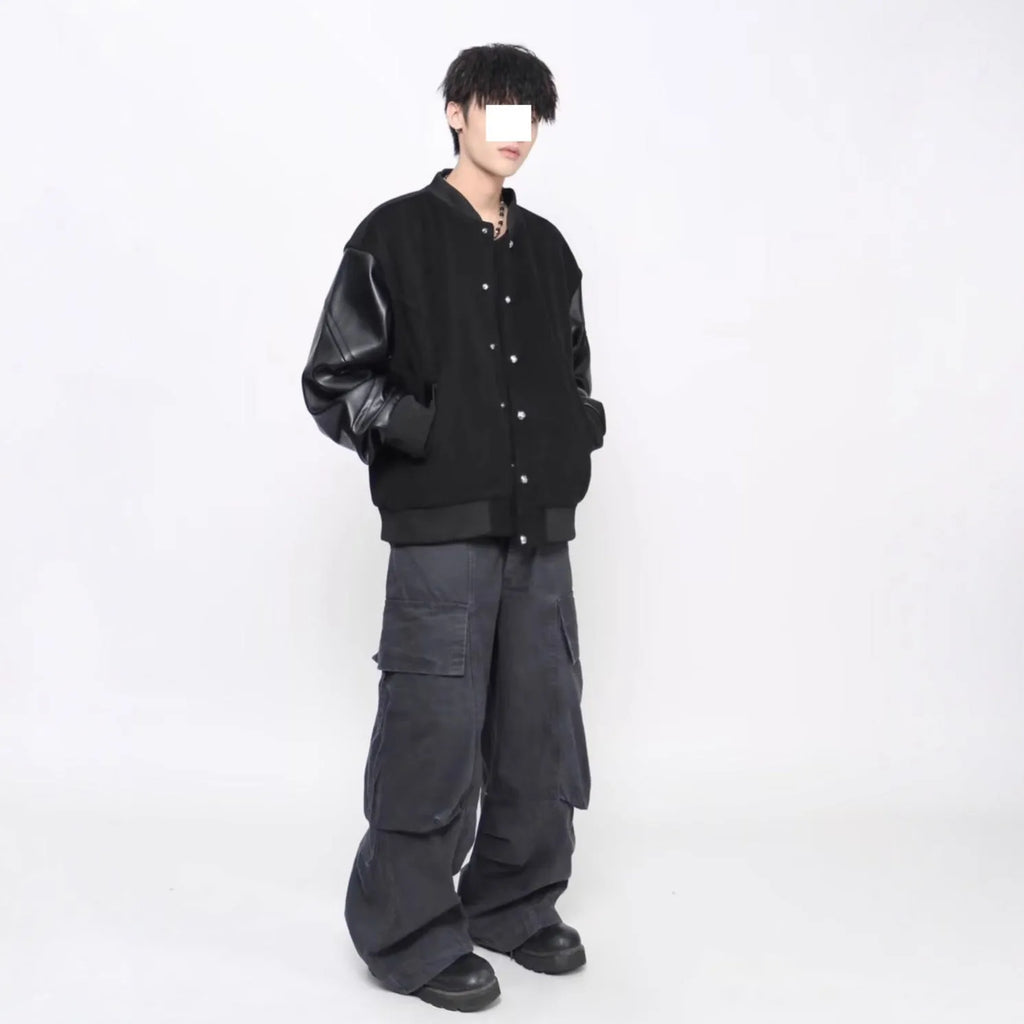 Black loose faux leather coat with longfengni patchwork, polyester lining and side seam pockets