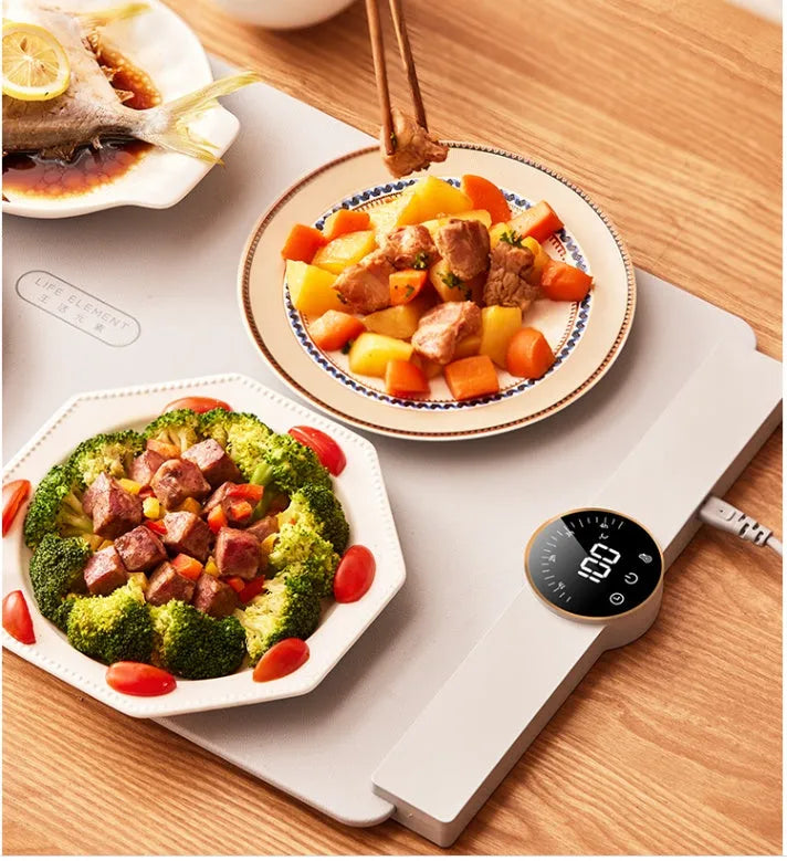 Silicone foldable warm chopping board with digital display, adjustable temperature, elegant grey, waterproof surface