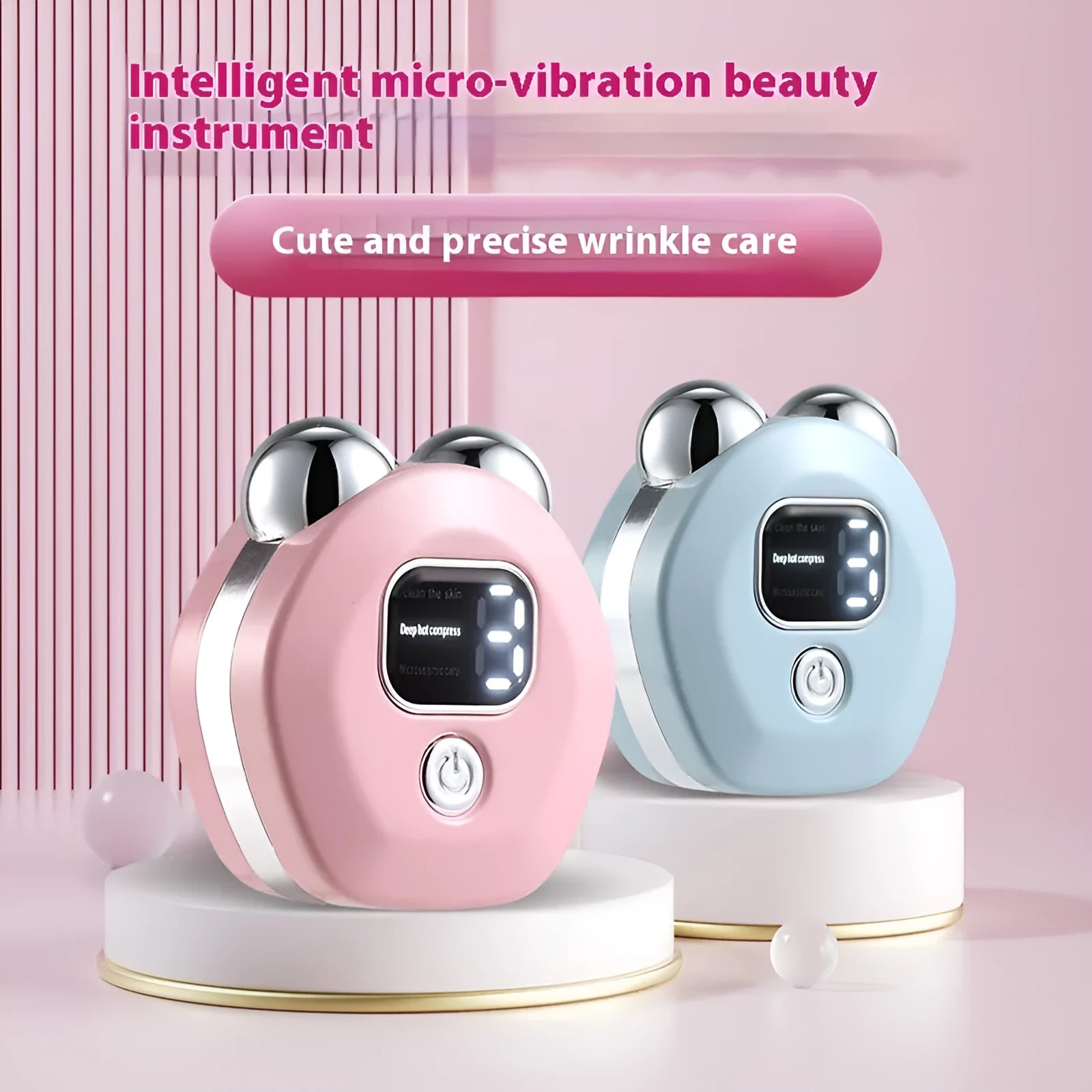 Portable white facial massager with hot compress, micro current, and double roller head for skin rejuvenation.