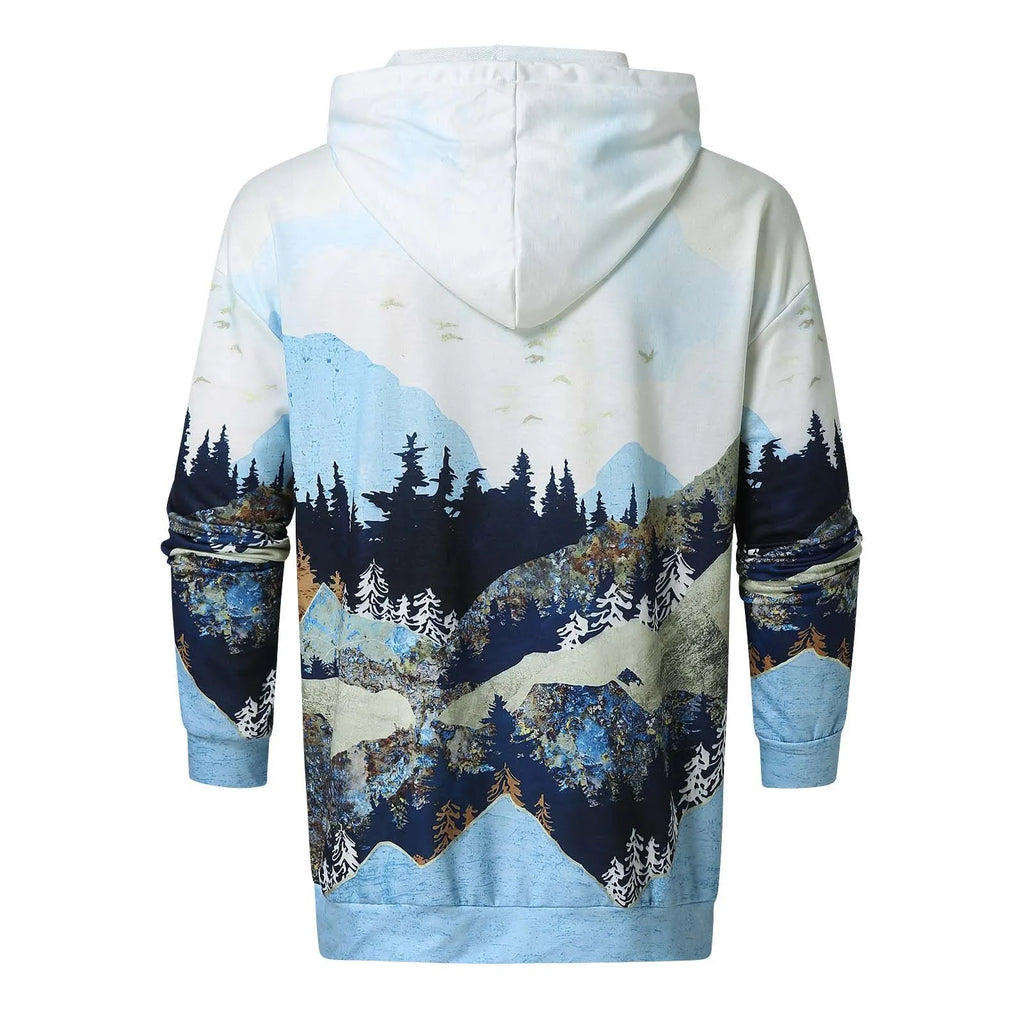 Men's printed polyester fleece hoodie in grey or light blue, Asian sizes S-XXL, casual leisure wear