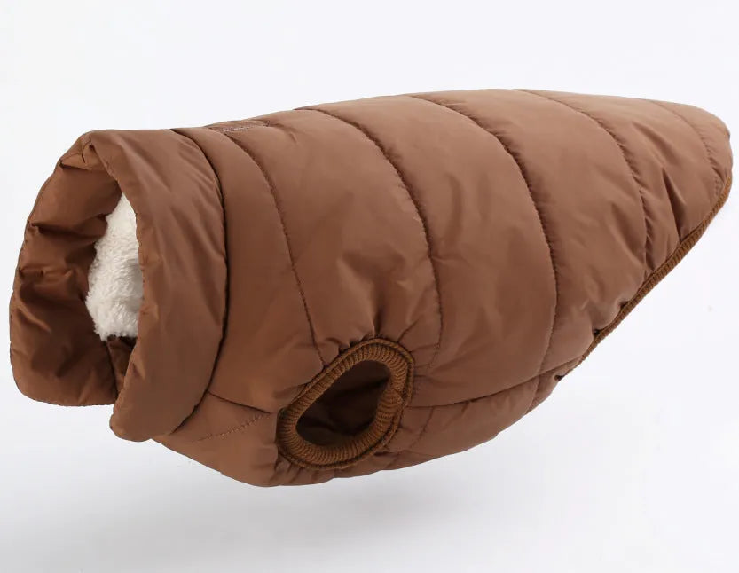 Waterproof polyester dog jacket in brown laying flat showing front view with zip closure