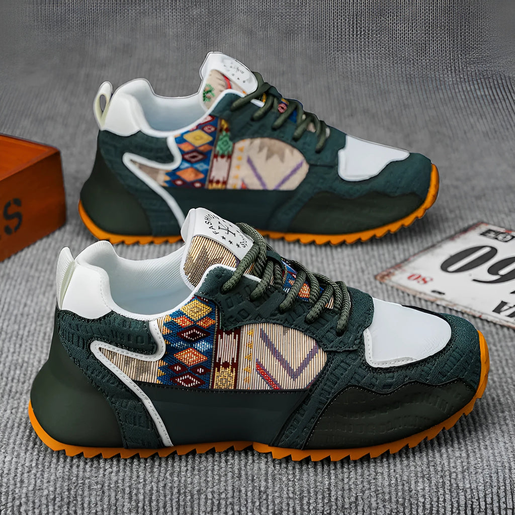 Men's casual lightweight sneaker in Upgrade Green with round toe and stripe pattern on artificial PU upper, side view