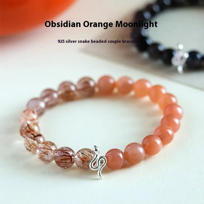 925 silver snake beaded couple bracelet with natural sunstone and black crystal beads on unisex chain