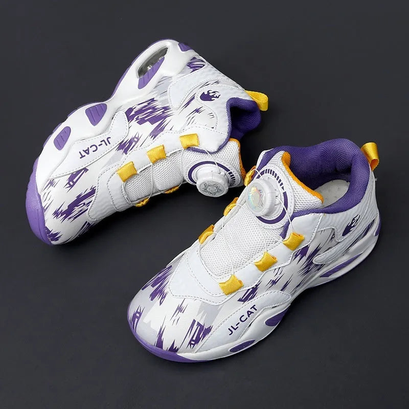 Children's rotating button basketball shoes in various colours with a synthetic leather upper and PU sole.